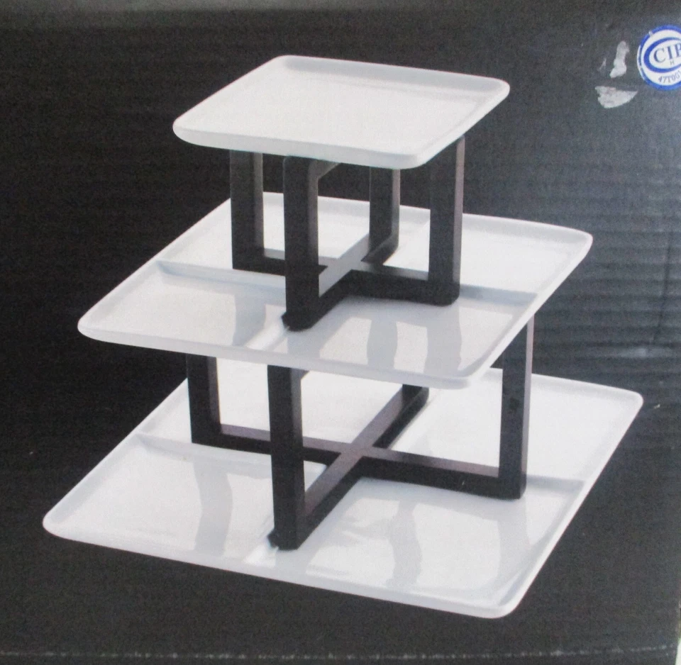 Umbra Fila 3 Tier Stacking Serving Tower w White Plates Espresso Oak Stands NIB - Image 3 of 4