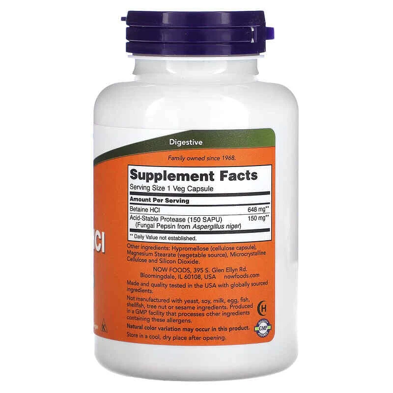 NOW Foods BETAINE HCL 648mg Pepsin 5X120 Cap Hydrochloride HCI Digestive Enzyme - Image 2 of 2