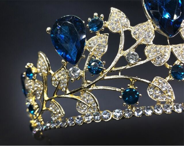Blue Tiara Bridal Headpiece Gold Crown Wedding Hair Crown Crystal Crown Crystal NC11945