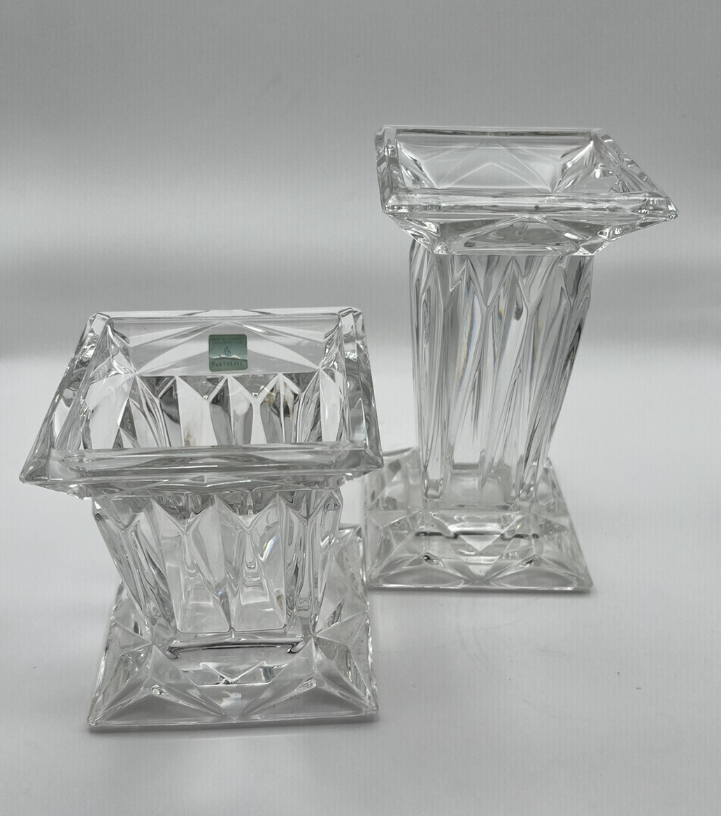 PartyLite Quad Prism Lead Crystal Pedestal Pillar Candle Holder  7&rdquo; & 5&rdquo; Pair