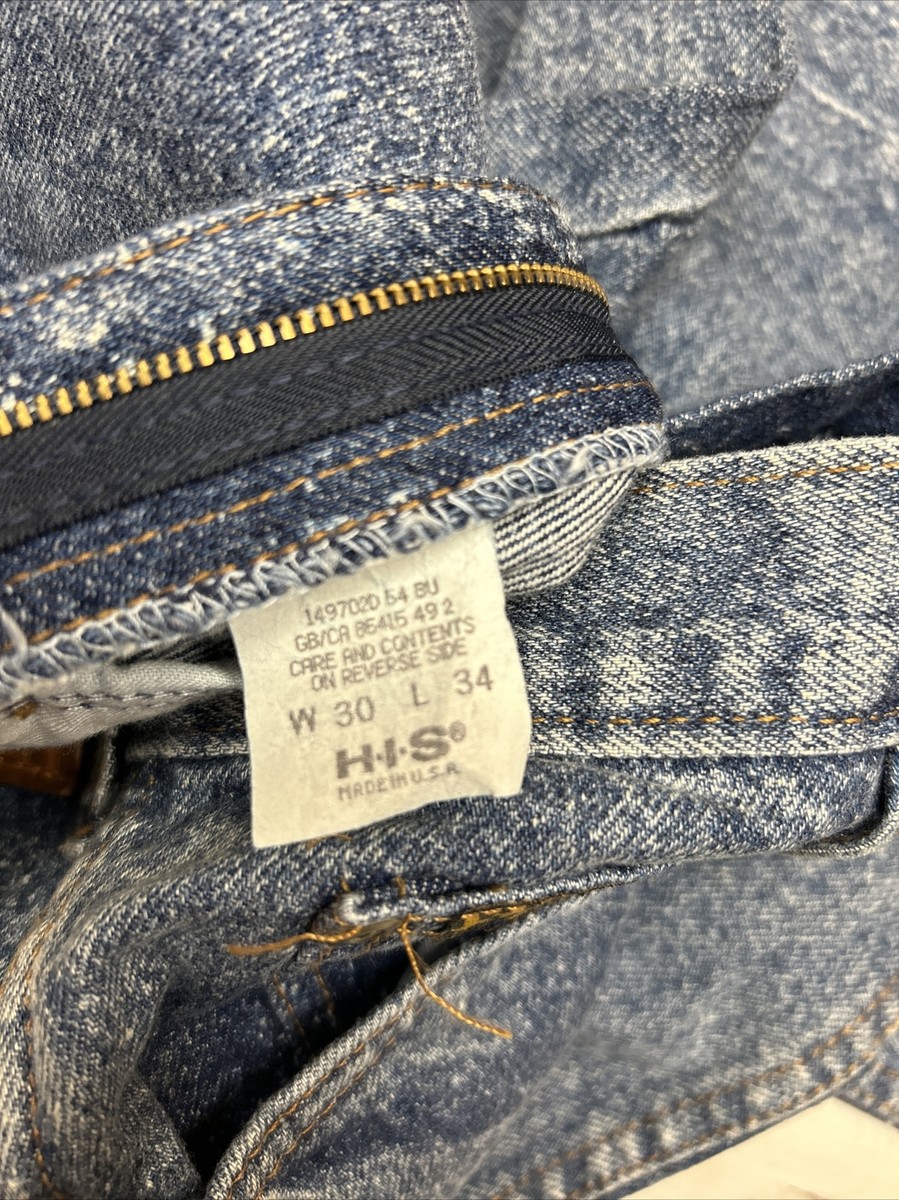VINTAGE H.I.S Jeans Mens 30x34 Blue Acid Stone Wash Denim
