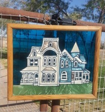 STAINED ART GLASS SUNCATCHER Painted Southern Home Church Storefront 22 x 17"