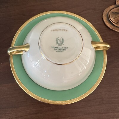 RARE! ANTIQUE LENOX CHINA GREEN & GOLD PATTERN 2 HANDLED SOUP