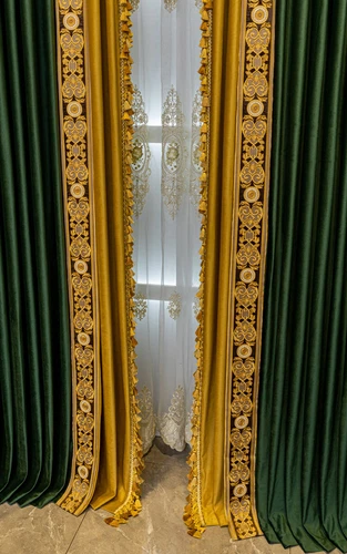tenda di lusso americana alta classe spessa tessuto velluto verde tenda tulle C1449 - Foto 8 di 12