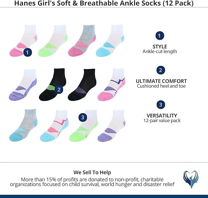 Paquete de 12 pares de calcetines forradores de moda Hanes cómodos al tobillo Hanes para niñas Foto 2 de 4
