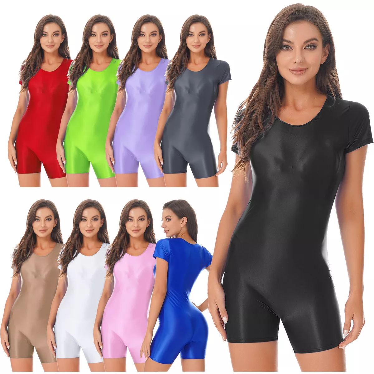 Womens Oil Shiny Athletic Spandex Bodysuit Dance Unitard Boyleg Short  Jumpsuit