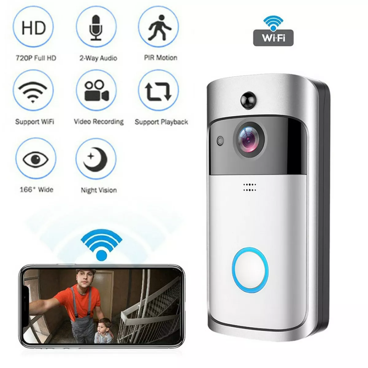 Wsdcam 1080P HD Video Door Bell Smart Wireless WiFi Ring Doorbell Security  Intercom Video Camera Door Bell PIR Motion Detection