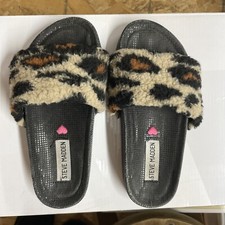 Steve Madden Girls Faux Fur Slides Leopard Print Sandals Sz 1