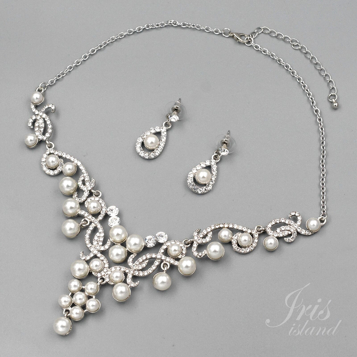 Pearl & Crystal Bridal Tiara Necklace Earring Set - Silver Tone Brigita - Princess drop crystal Bridal necklace and earring  main image 3
