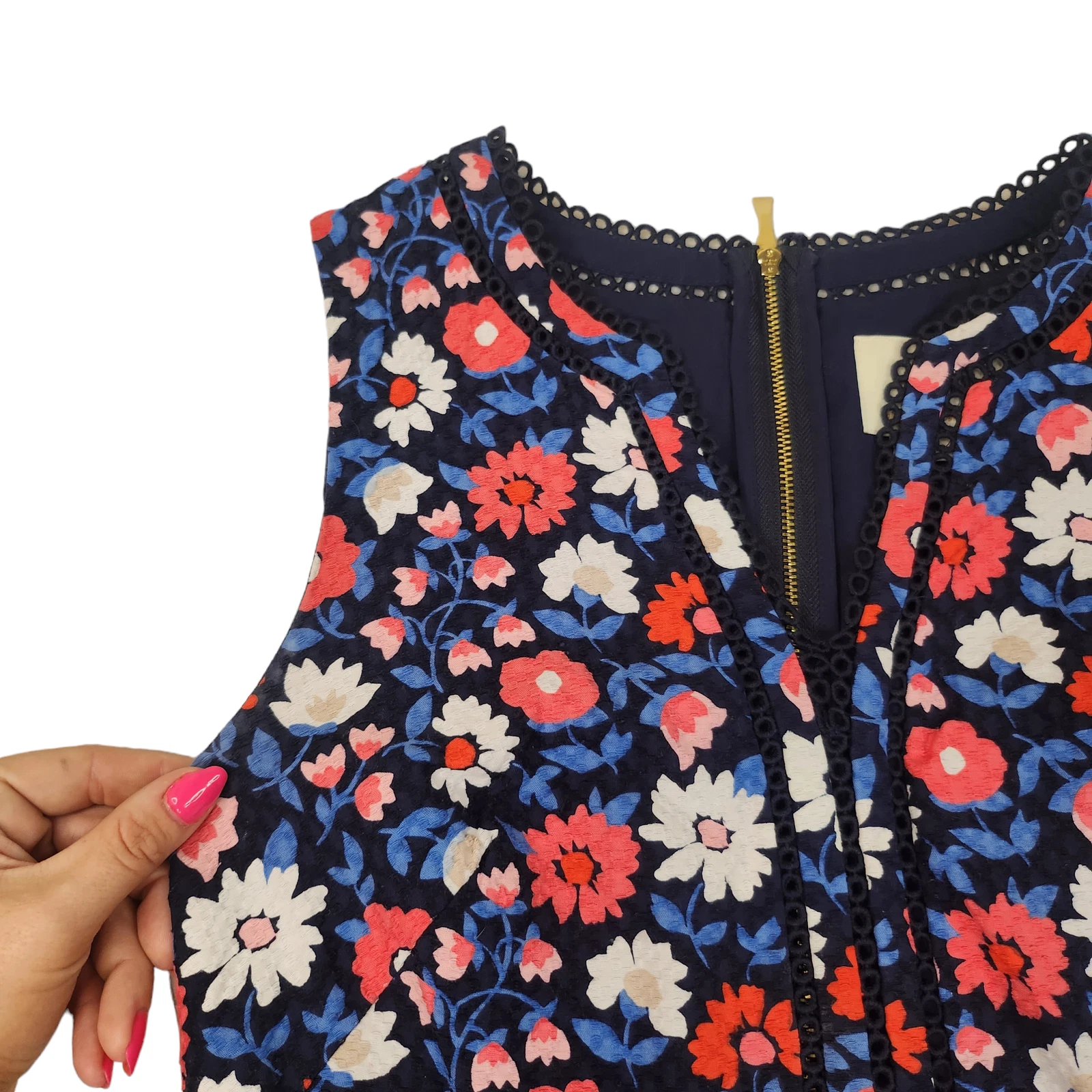 Abito Kate Spade 8 blu bianco rosa floreale collo a V ricamato pizzo gallop elegante