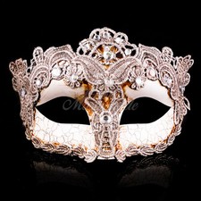 Venetian Goddess Brocade Lace Masquerade Mask with Rhinestones - Silver