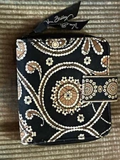 VERA BRADLEY Black, Tan & Brown Zip Around Quilted Fold Out Women's Wallet EUC