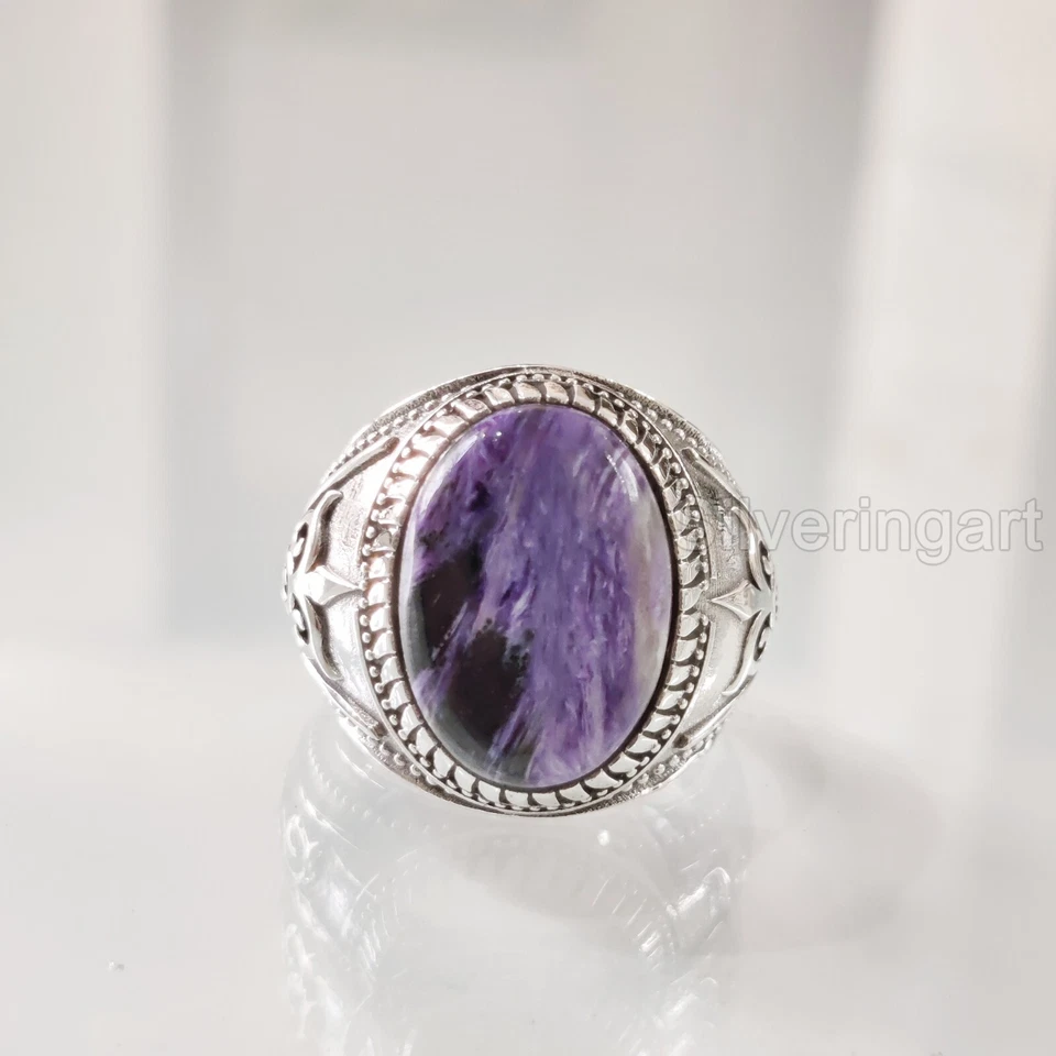 天然 Charoite December Birthstone 实心 925 银重圣诞男士戒指 — 第 2/4 张图片