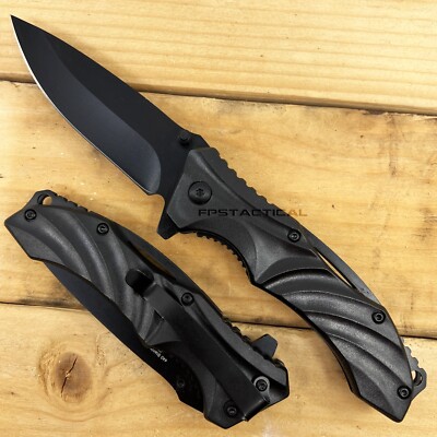 Pacific Solutions Textured Stainless ABS Wave Tech Black Spring Assist Knife 4''