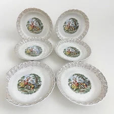 Courting Victorian Couple Soup Bowls 8” Diameter 22k Gold WS George Set Of 6