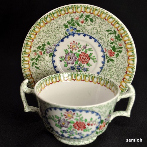 Copeland Late Spode Bouillon Soup Cup Set 1891-1906 Floral Paisley Chintz Green - Picture 6 of 12