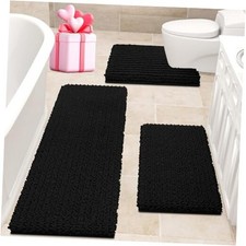 Upgrade Extra Large Bathroom Rug Set 3 48"x20" 24"x17" U Shape 20"x24" Black
