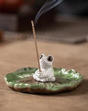 Ceramic Incense Stick Holder - Cute Frog Incense Burner with Lotus Leaf Tray Ash