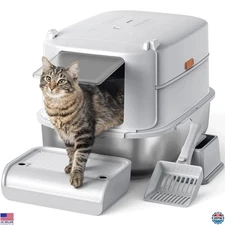 Extra Large Stainless Steel Enclosed Cat Litter Box with Lid - Easy Clean Design
