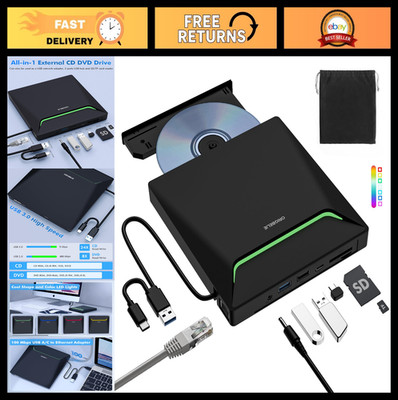 External CD DVD Drive Burner USB 3.0, Ethernet Adapter, 3 USB & 2 TF/SD Ports, O