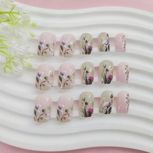 Short Press on Nails Square Fake Nails with Floral Designs Floral Designs-AM2 - Picture 3 of 7