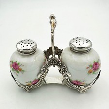 VINTAGE GERMAN PORCELAIN AND SILVER PEPPERPOT SET AND STAND