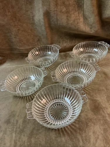 Vintage 1930s anchor hocking clear glass tab handled salad bowl lot of five
