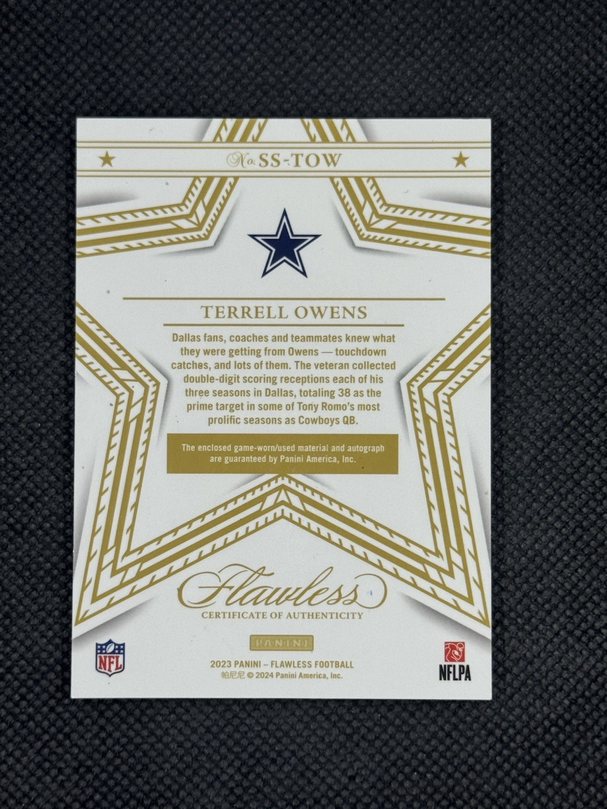 2023 Panini Flawless Star Swatches Terrell Owens Cowboys Game Worn Auto Ruby /15 view 3