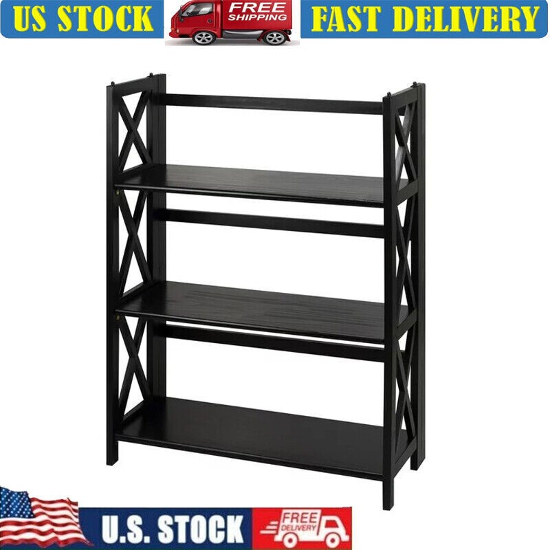 38in 3-Shelf X-Frame Solid Wood Bookcase Stackable Open Back Storage Durable US