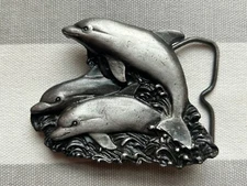vintage Bergamot Brass Works 1978 three dolphins pewter belt buckle Made in USA
