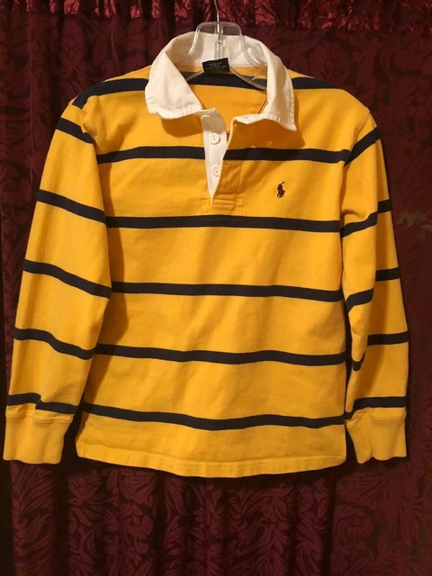 Boy's Ralph Lauren Long Sleeve Polo Shirt Gold with Blue Stripes, size 16/18 | eBay
