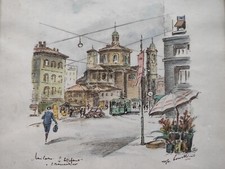 Osvaldo Bonelli - Acquerello "Milano S. Stefano  e S. Bartolomeo" 