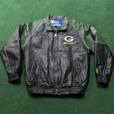 Vintage Green Bay Packers Jacket Mens Size Large Black Leather