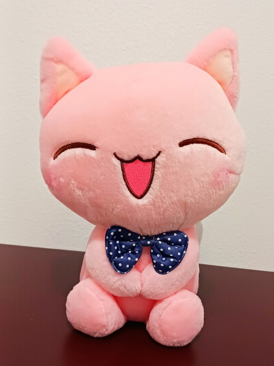 MGF Pink Sitting Happy Anime Pink Bow Tie Kitty Cat Plush Stuffed