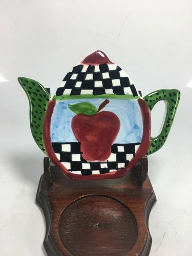 Pfaltzgraff Apple Checkers Tea Bag Holder Or Spoon Rest Shaped Like A Teapot
