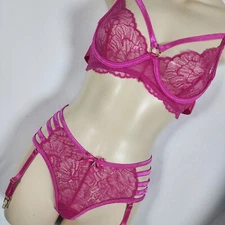 Seven 'til Midnight Pink Lace Strappy Lingerie Set w/ Garter Belt - Size M