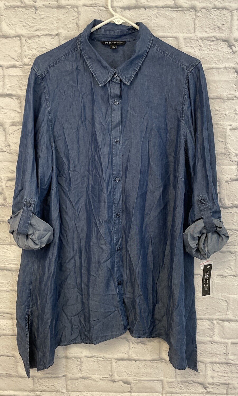 NEW Zac Rachel chambray tunic top womens 2X button long sleeve tencel roll tab