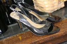 NINE WEST Faux Black Patent Leather High Heel Peep Toe Dress Sandal 8 M GUC