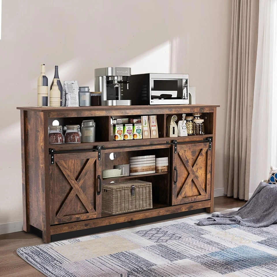 57'' LED Farmhouse Coffee Bar Cabinet Sliding Barn Door TV Stand w/ Power Outlet - Image 3 of 4