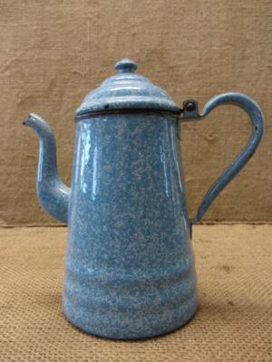 Vintage Blue Enamelware Coffee Pot w Handle Antique Kitchen 11164