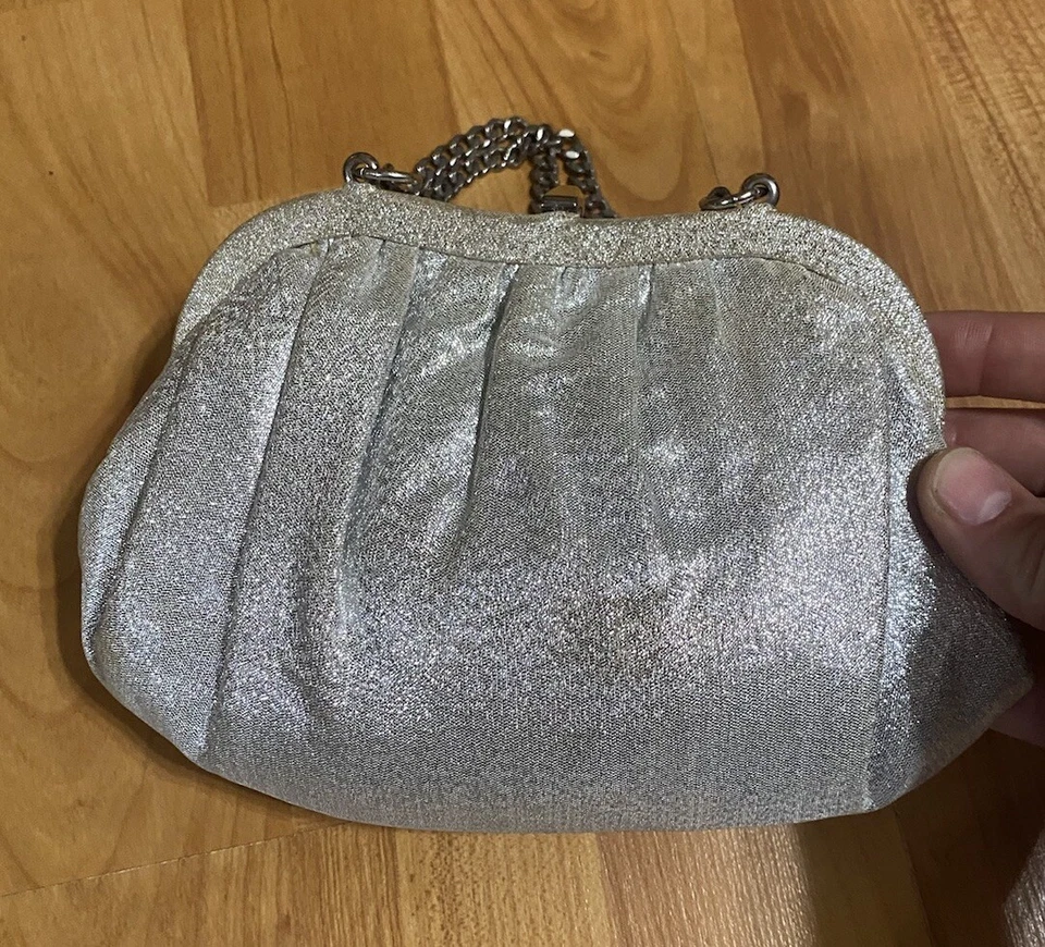 Vintage 50s Evening Bag Clutch Purse Silver Lamé Lined W Satin Shiny Glam Pinup - Image 3 of 4