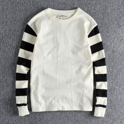 Vintage Mens Striped Long Sleeve T-Shirts Casual Crew Neck Motorcycle Top