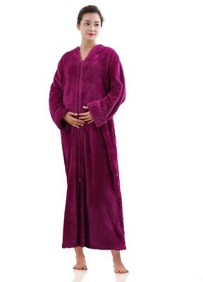 Artfasion Womens Fleece Robe Plush Long Zip Front Bathrobe with Pockets Warm Soft Zippered Bathrobes for Women
