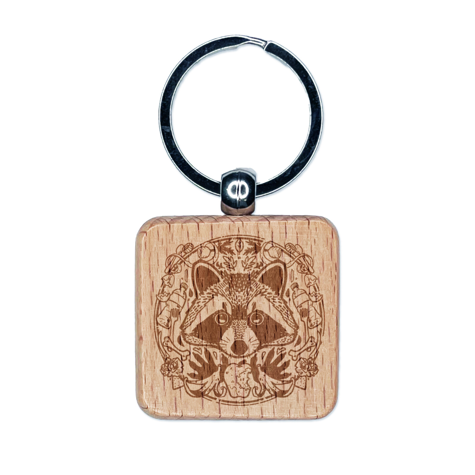 Raccoon Trash Panda Wood Keychain with Engraved Garbage Wreath Design
