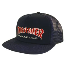 Thrasher Magazine EMBROIDERED OUTLINED LOGO Skateboard Trucker Hat NAVY w/RED