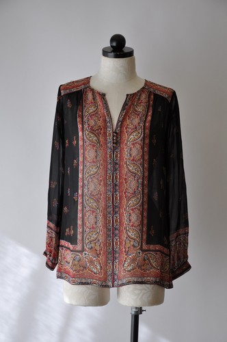 Joie schwarz rot Seide Georgette durchsichtig ethnische Paisley Batik Mosaik Bluse Damen XS - Bild 5 von 24