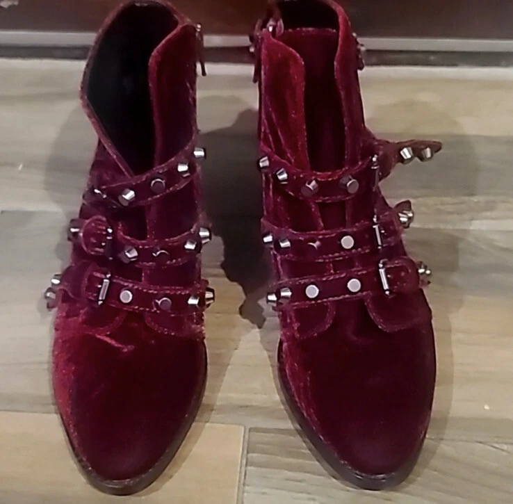 GIANNI BINI Burgundy Red Velvet Buckle Stud Spike Ankle Boots 6.5