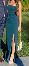 Petite Nookie Teal One-Shoulder Twist Front Maxi Dress Side Slit Stretch Size S