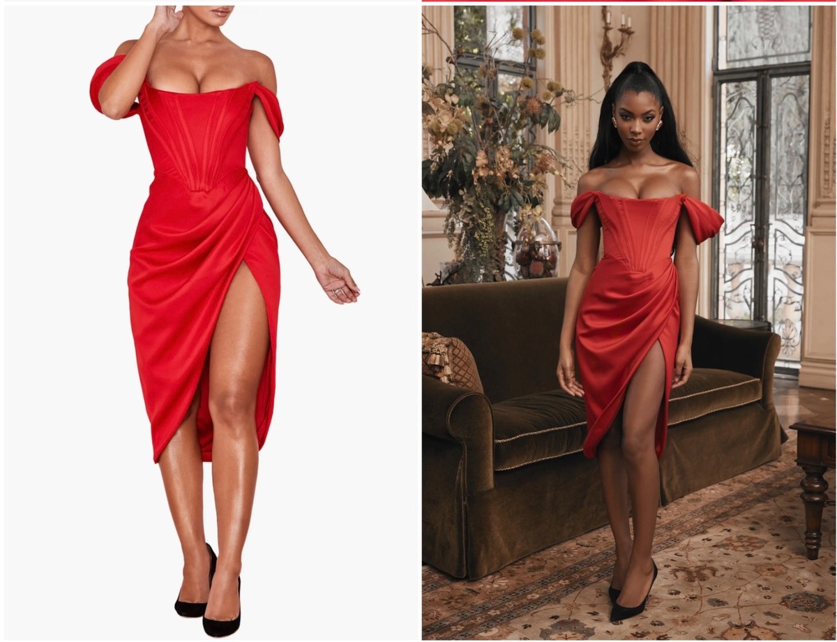 loretta red satin off shoulder dress House Of CB Loretta Red Satin Off Shoulder Balconette Corset Dress size S