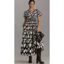 New Anthropologie Somerset Maxi in Black White Heart Print Tiered Cotton Dress M